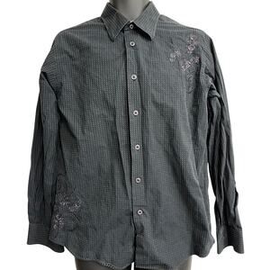 Egara Shirt Men Size L Gray Floral Embroidered Long Sleeve 100% Cotton Button Up